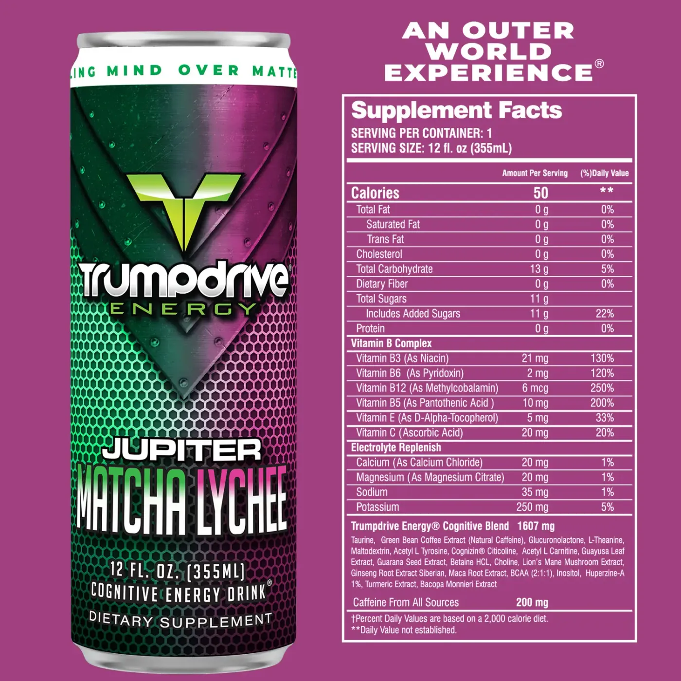Trumpdrive Energy Jupiter Matcha Lychee supplement facts panel