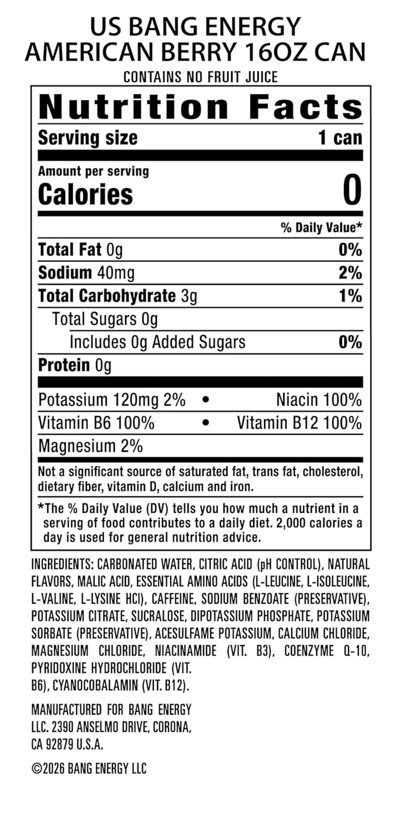 Bang Energy drink ingredients and nutrition facts panel