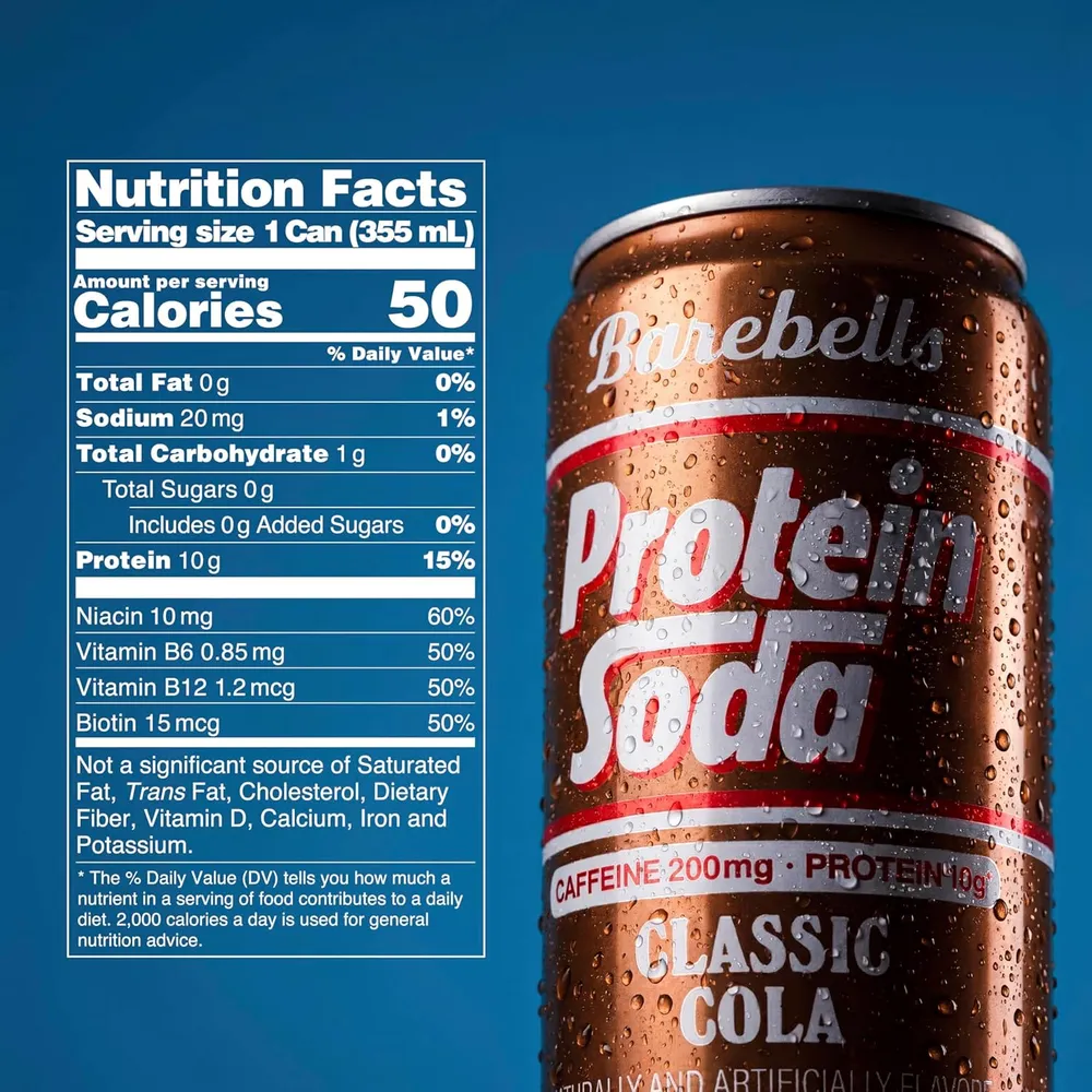Barebells Protein Soda Classic Cola nutrition facts and ingredient label