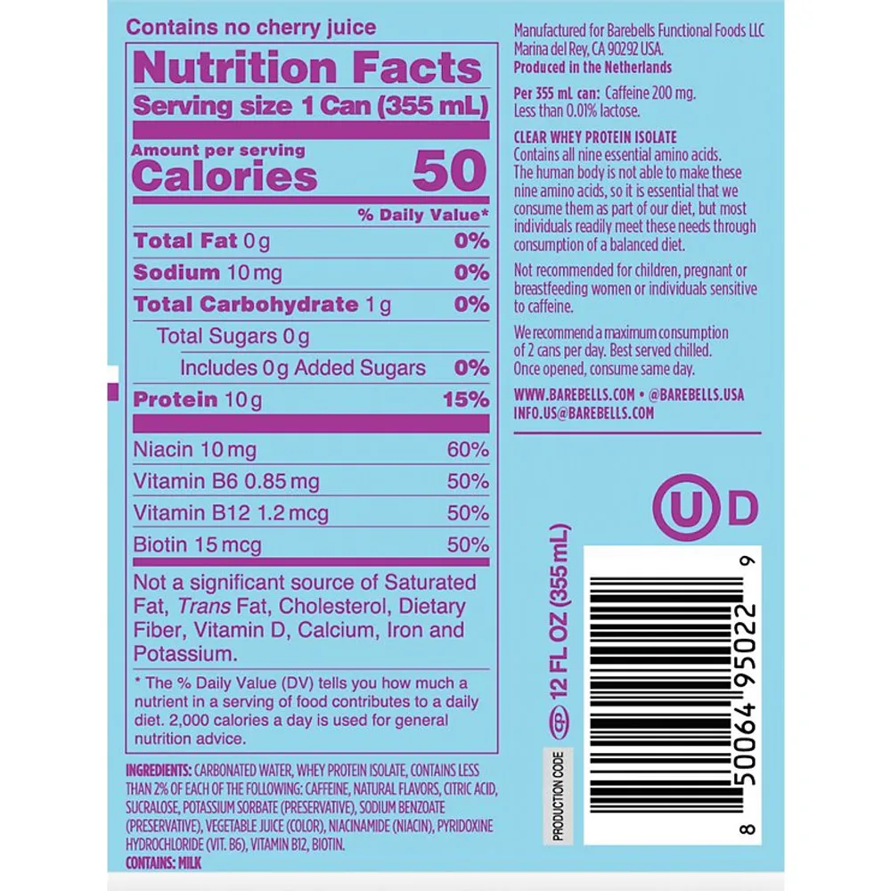 Barebells Protein Soda ingredient and supplement label