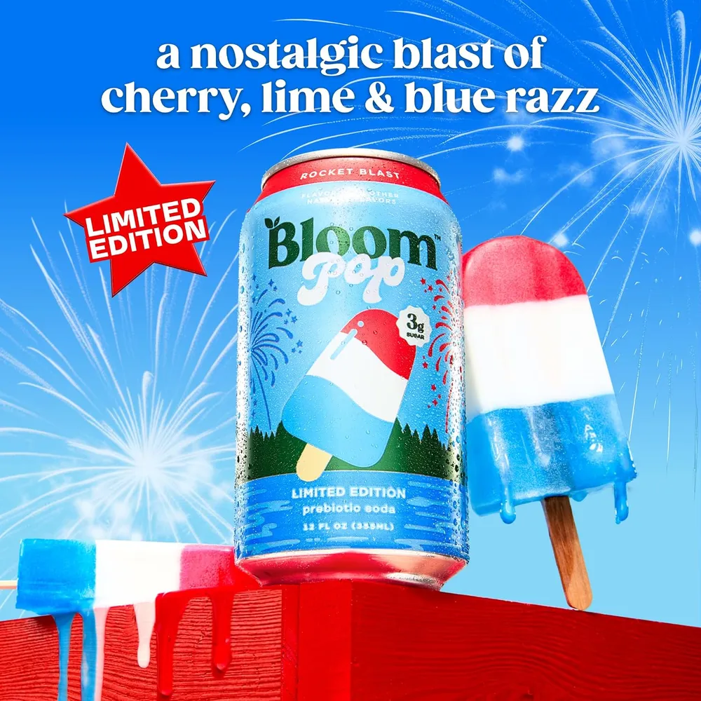 Bloom Pop Rocket Blast can next to a red white and blue popsicle