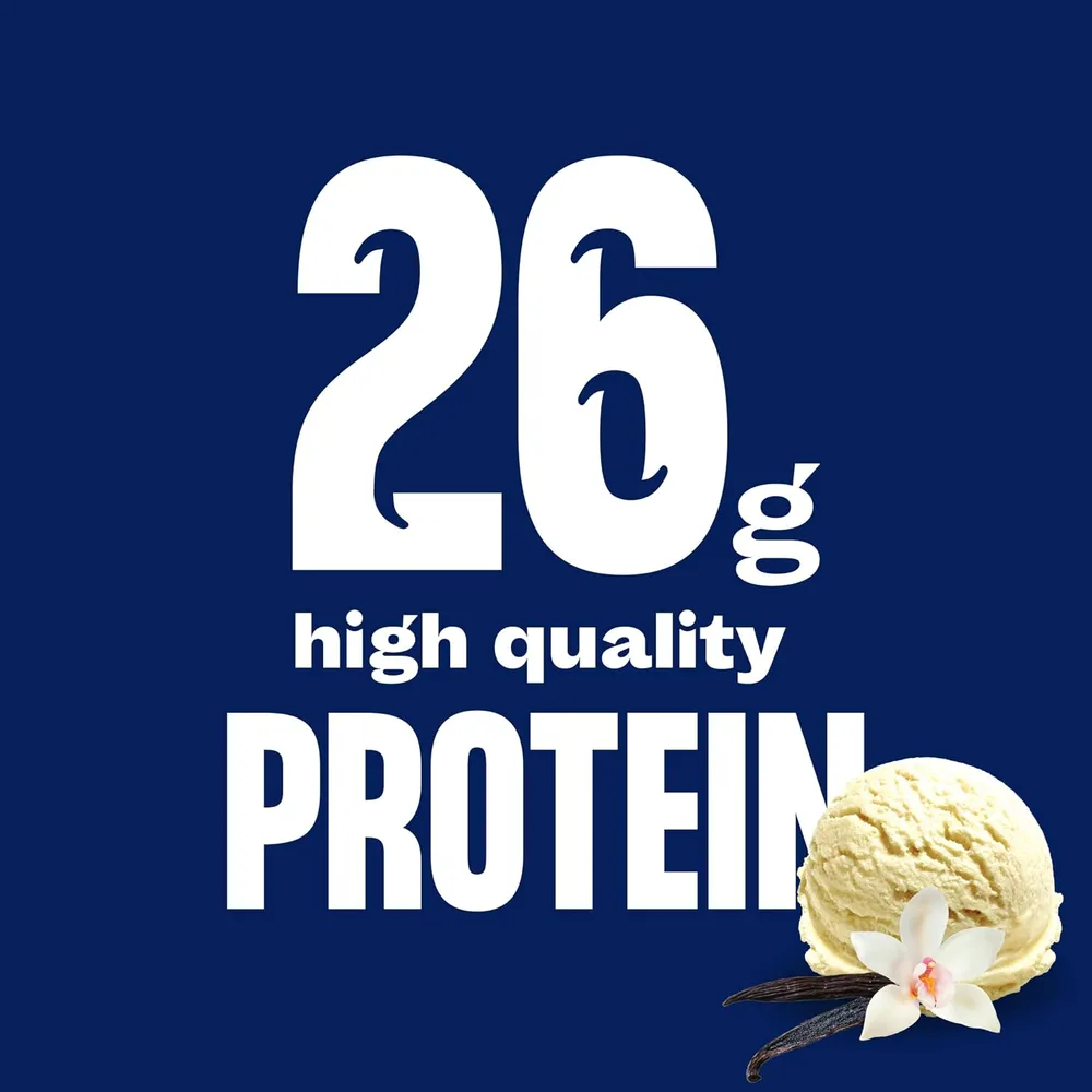 A dark blue promotional graphic features large white “26g high quality PROTEIN” lettering, alongside a scoop of vanilla ice cream, a vanilla flower, and vanilla pods