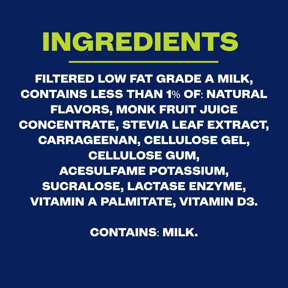 A navy-blue ingredient graphic lists filtered low-fat Grade A milk and other ingredients in bold white text beneath a lime-green “INGREDIENTS” heading