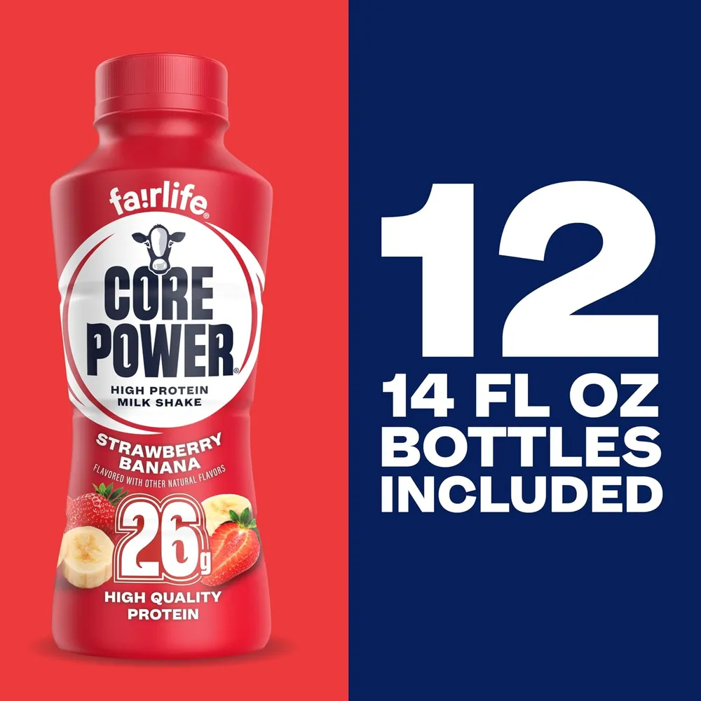 A red Core Power High Protein Milk Shake bottle is shown against a red and navy graphic background