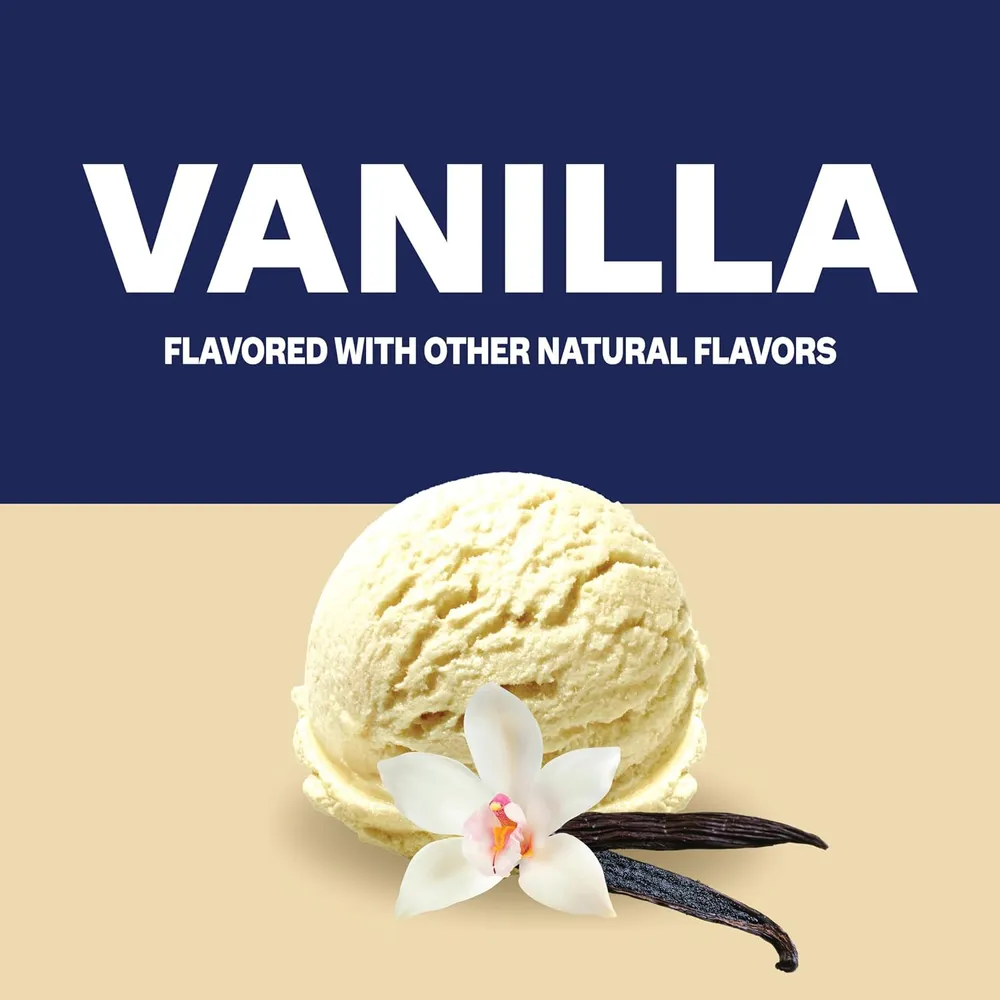 A vanilla flavor graphic with large white “VANILLA” lettering and smaller “flavored with other natural flavors” text on a dark blue upper field