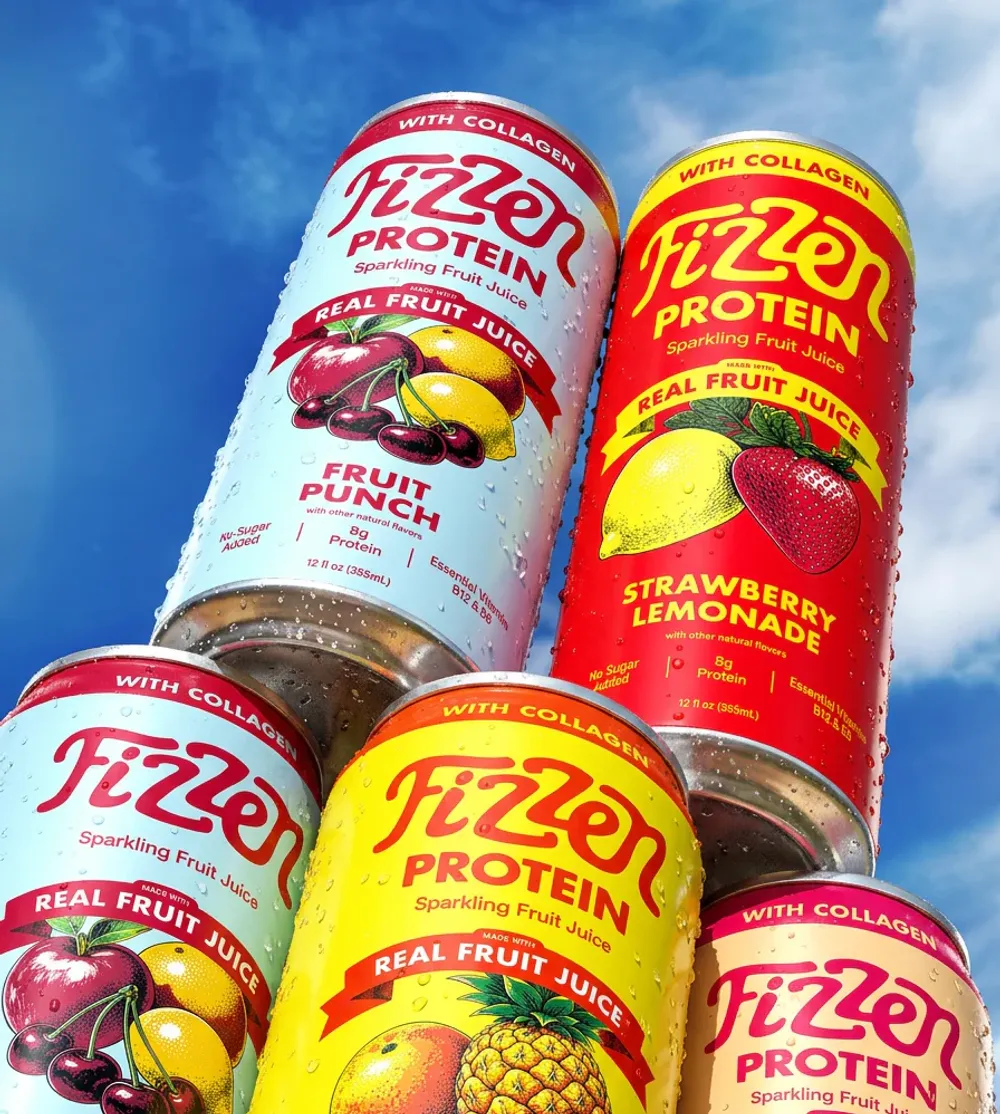 All four Fizzen Sparkling Fruit Juice Protein cans lined up together