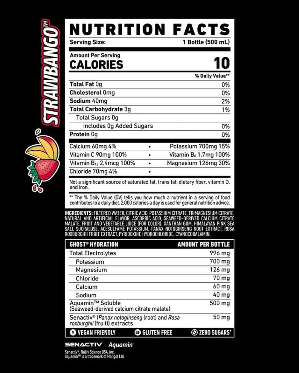 GHOST Hydration Strawbango Nutrition Facts and ingredients label