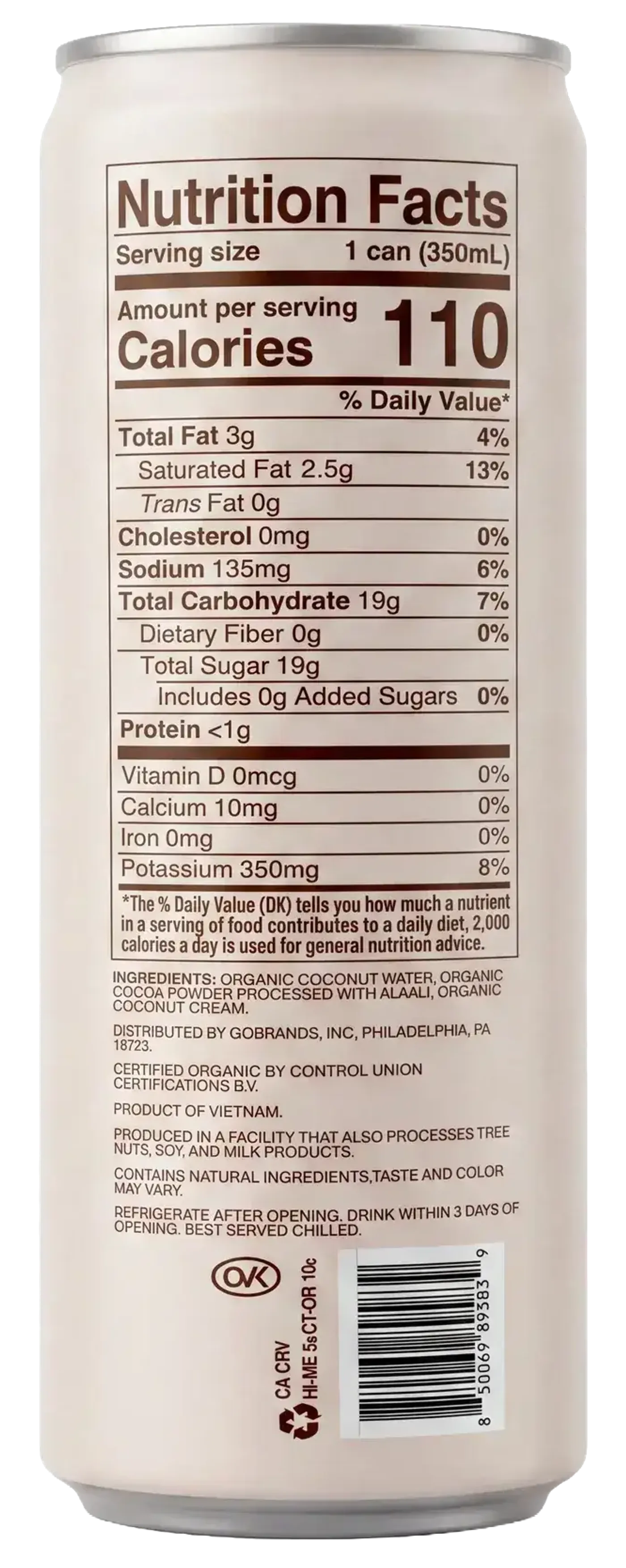 Good Nut Chocolate Coconut Water nutrition facts and ingredients panel