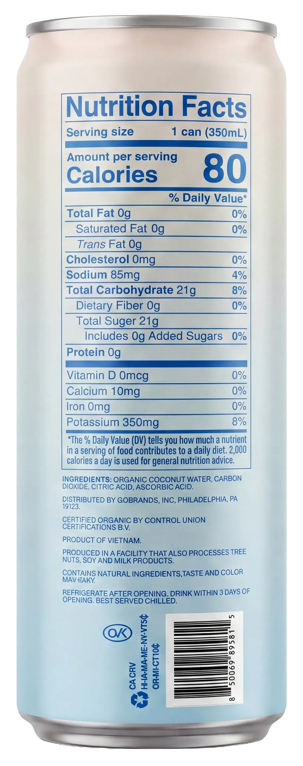 Good Nut Sparkling Coconut Water nutrition facts and ingredients label