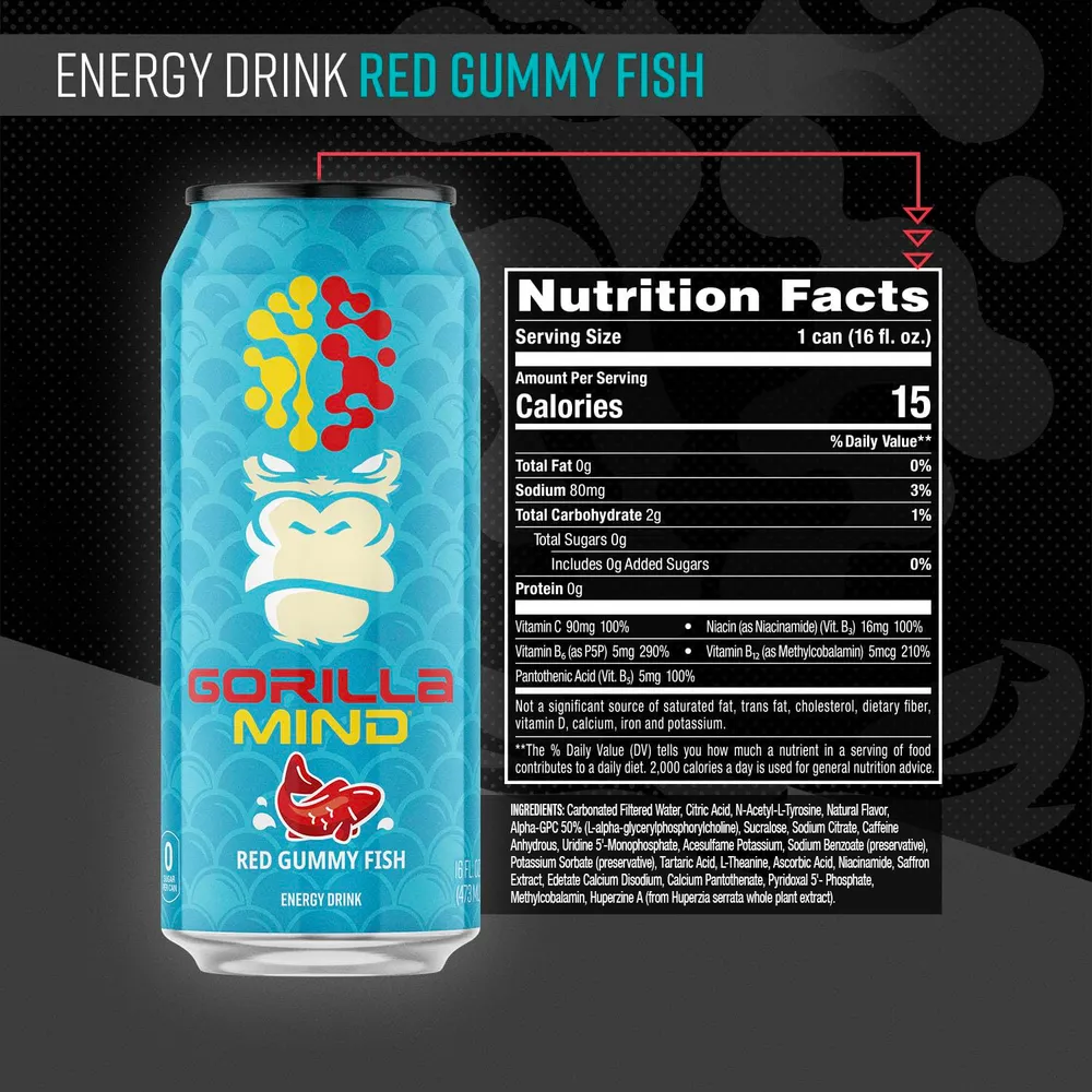 Gorilla Mind Energy Drink Red Gummy Fish can with ingredient highlights