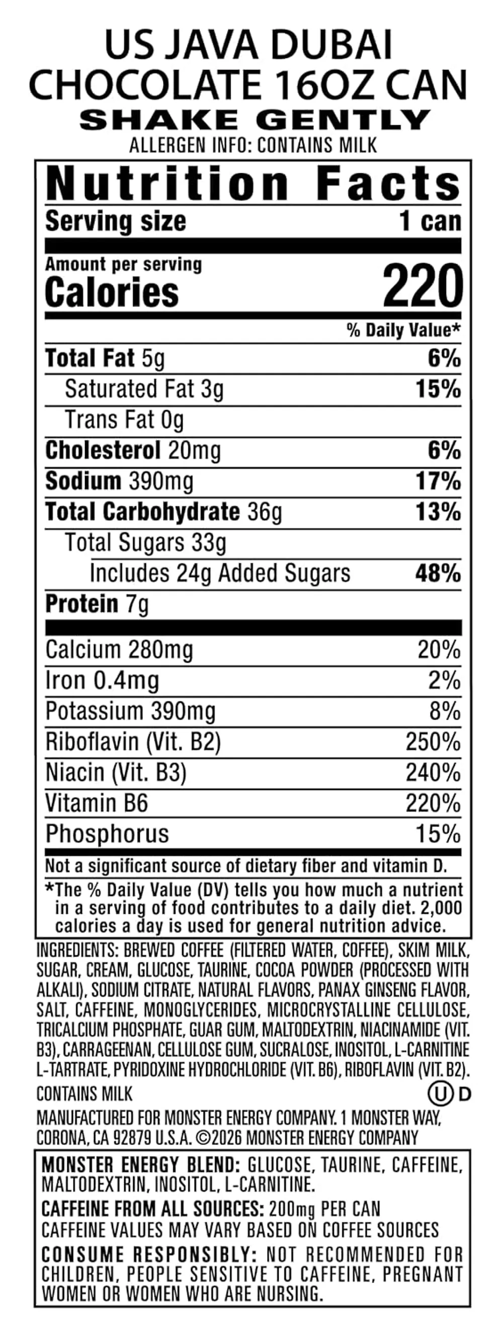 Java Monster Nutrition Facts and ingredients label