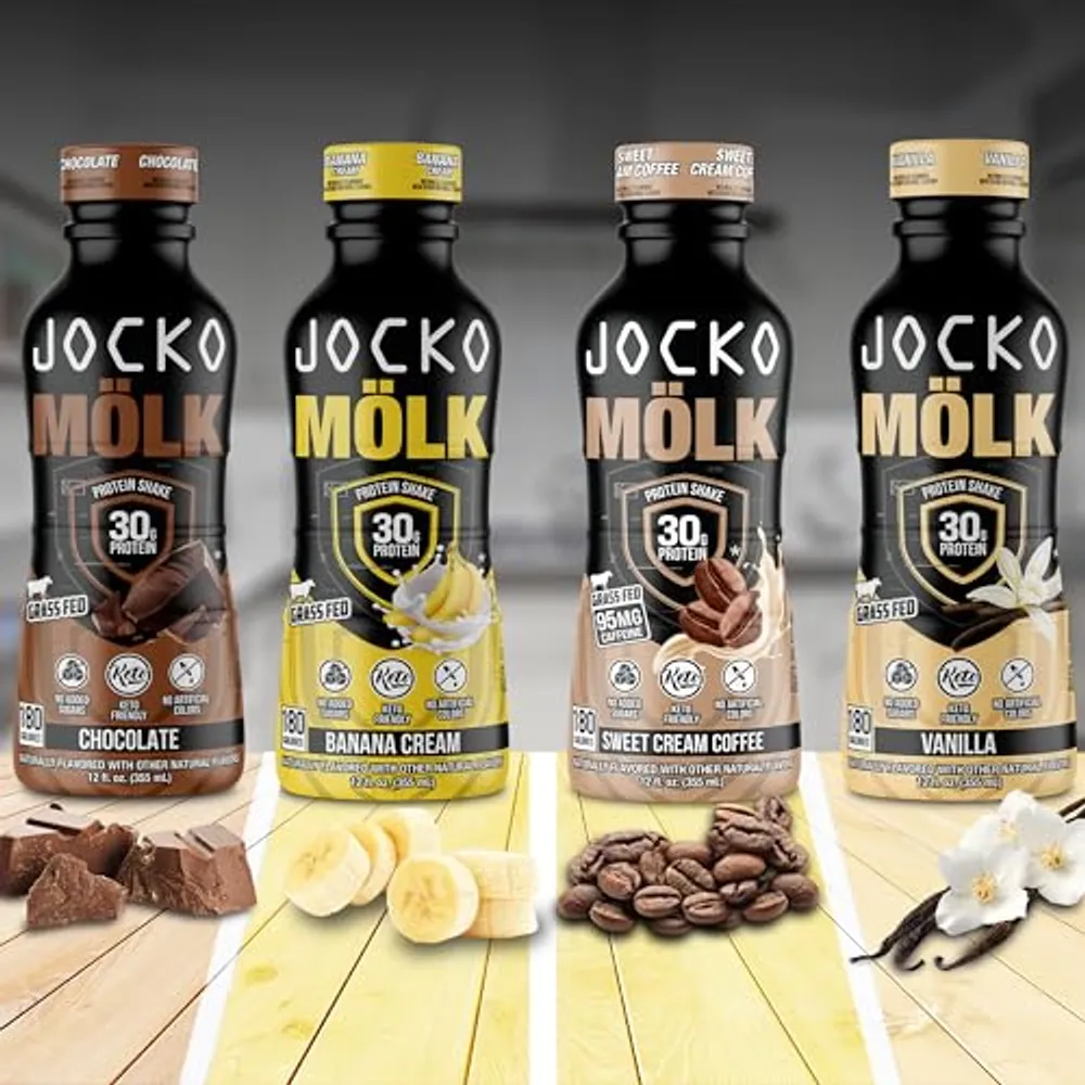 Four original Jocko MOLK protein shake flavors lineup