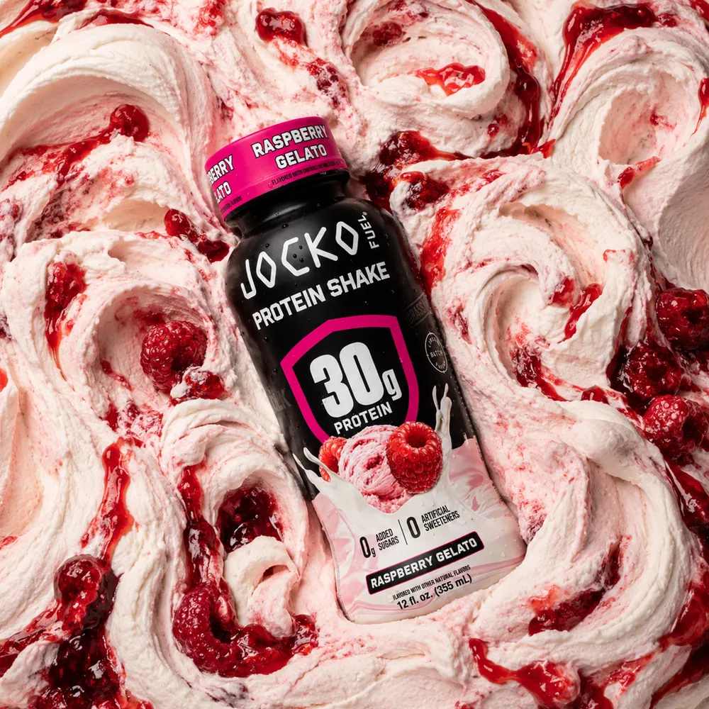 Jocko MOLK Raspberry Gelato protein shake with raspberry swirl