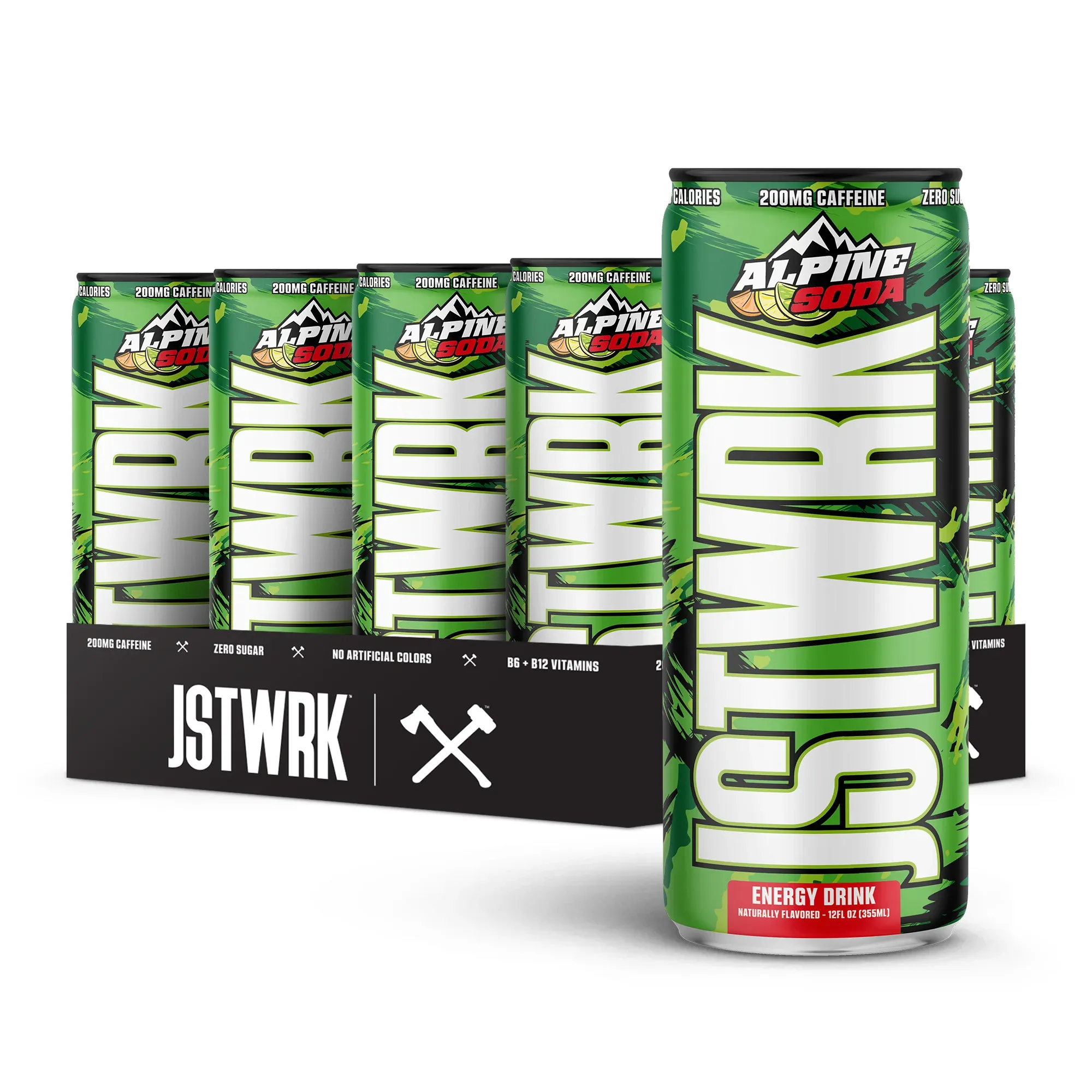 JSTWRK Energy Alpine Soda 12-pack case and green can