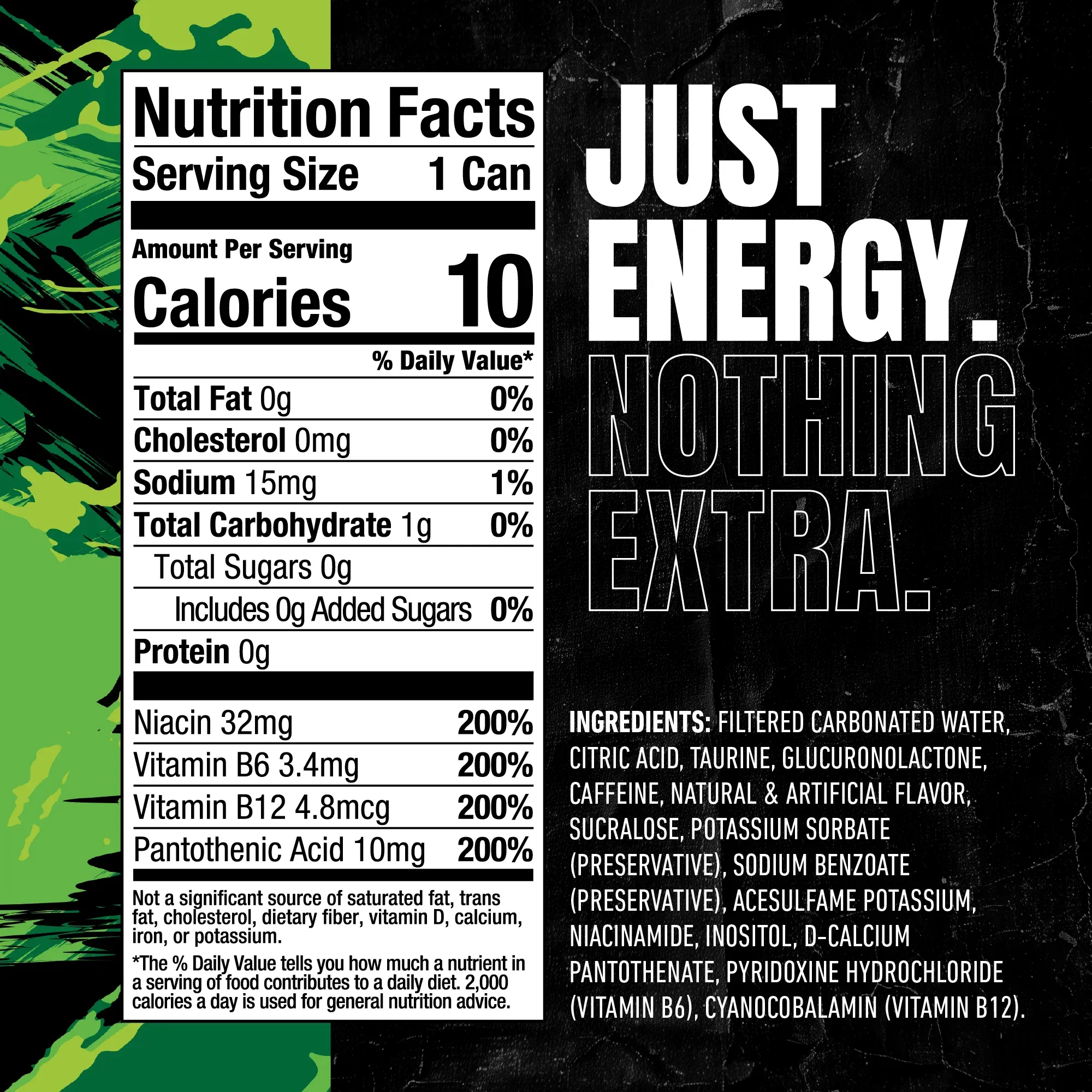 JSTWRK Energy Alpine Soda can and current nutrition label