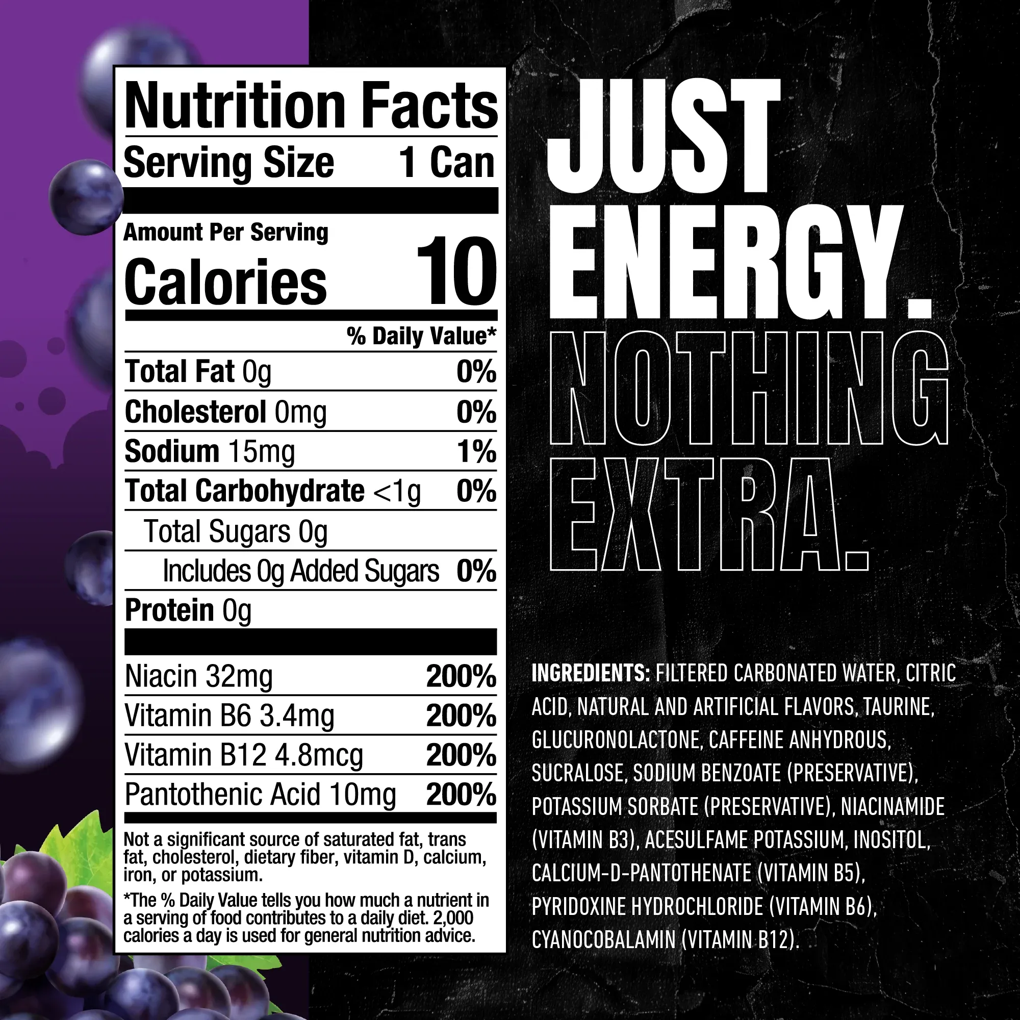 JSTWRK Energy Grape Soda can and nutrition label