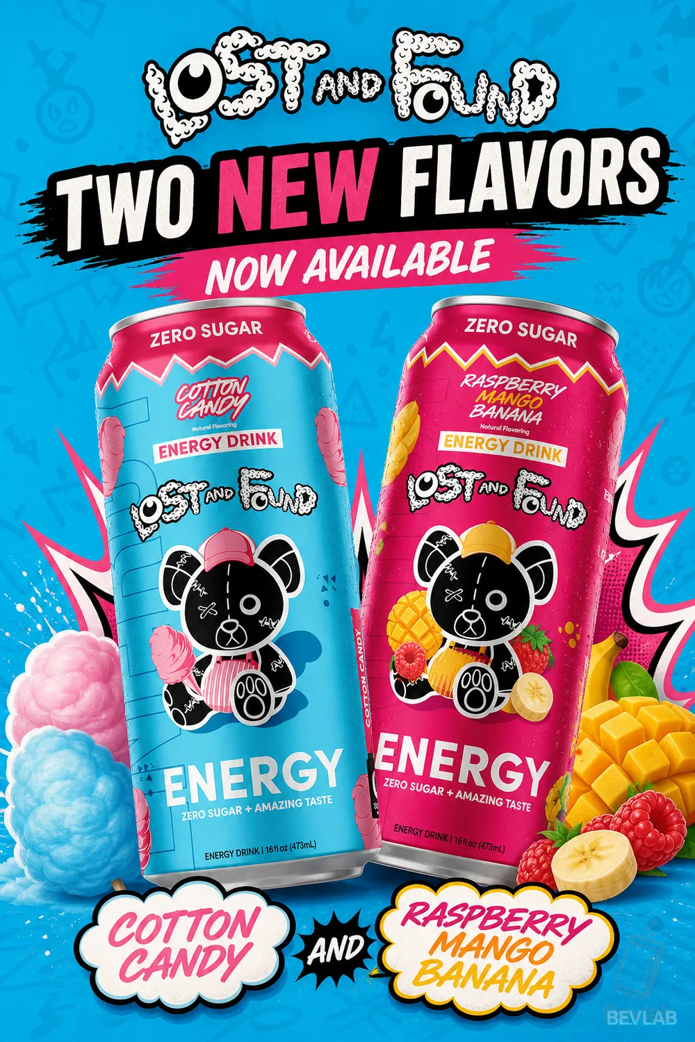 Lost and Found Energy Cotton Candy and Raspberry Mango Banana cans side by side