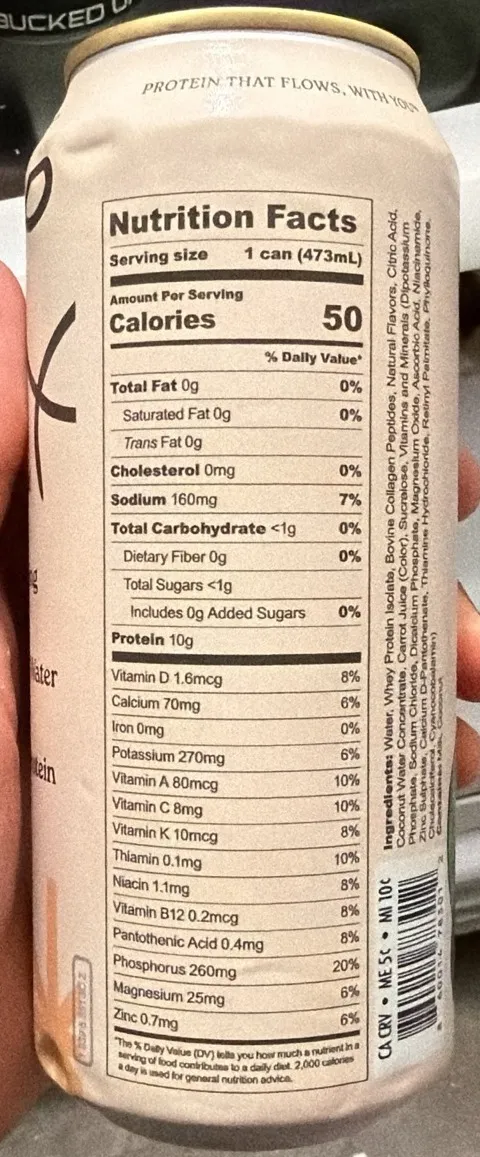 Coconut Mango Passionfruit Lyflo Protein Water nutrition label