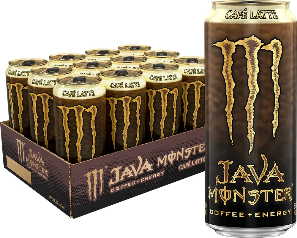 A gold-and-brown Java Monster Café Latte can is shown prominently beside a multipack display box filled with matching cans