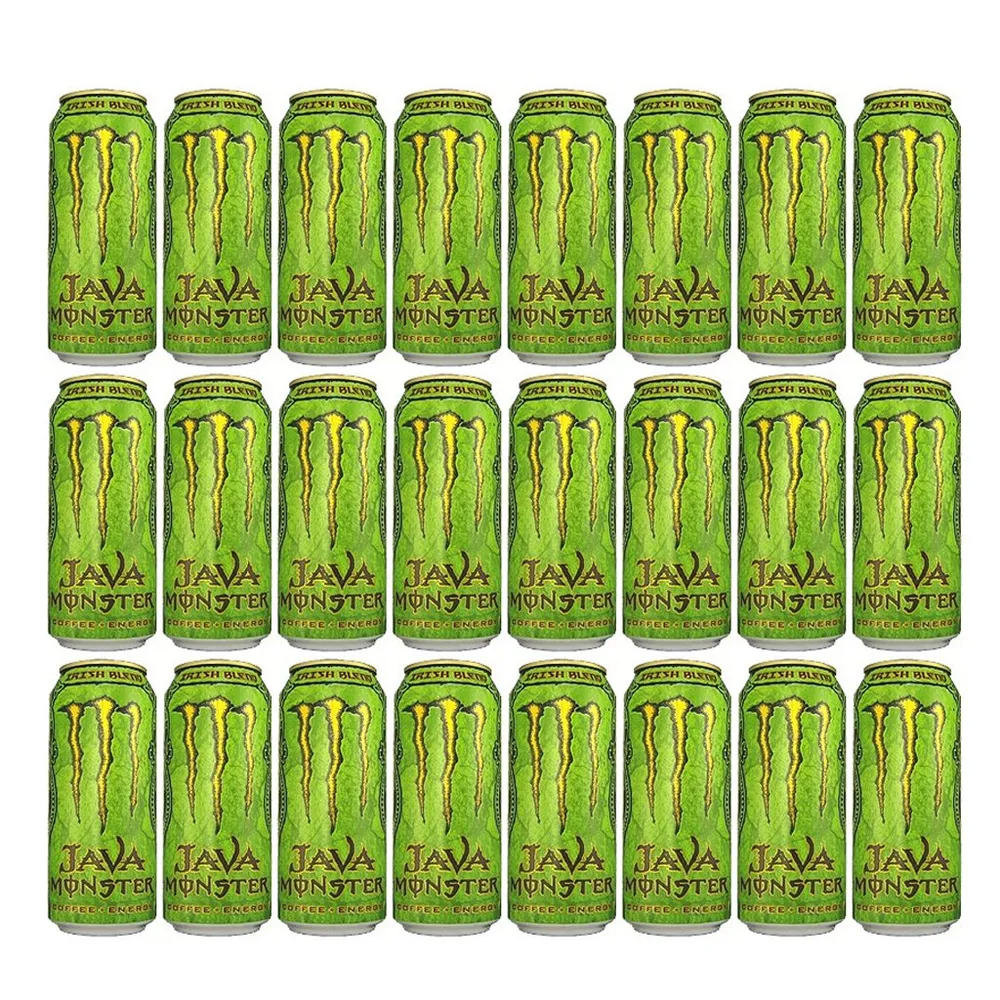 A grid of 24 green Java Monster cans arranged in three rows against a white background