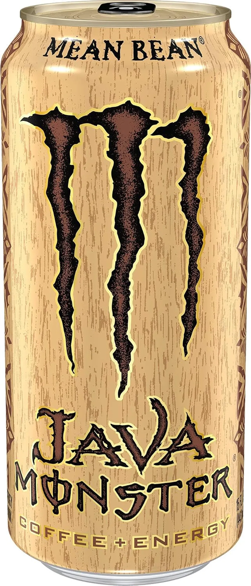 A tan, wood-grain-style energy coffee can with a black claw-mark logo