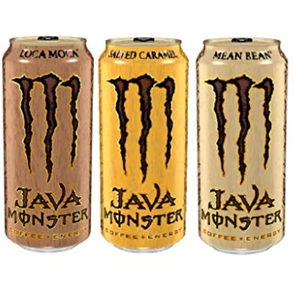 Three Java Monster coffee energy drink cans are shown side by side against a plain white background