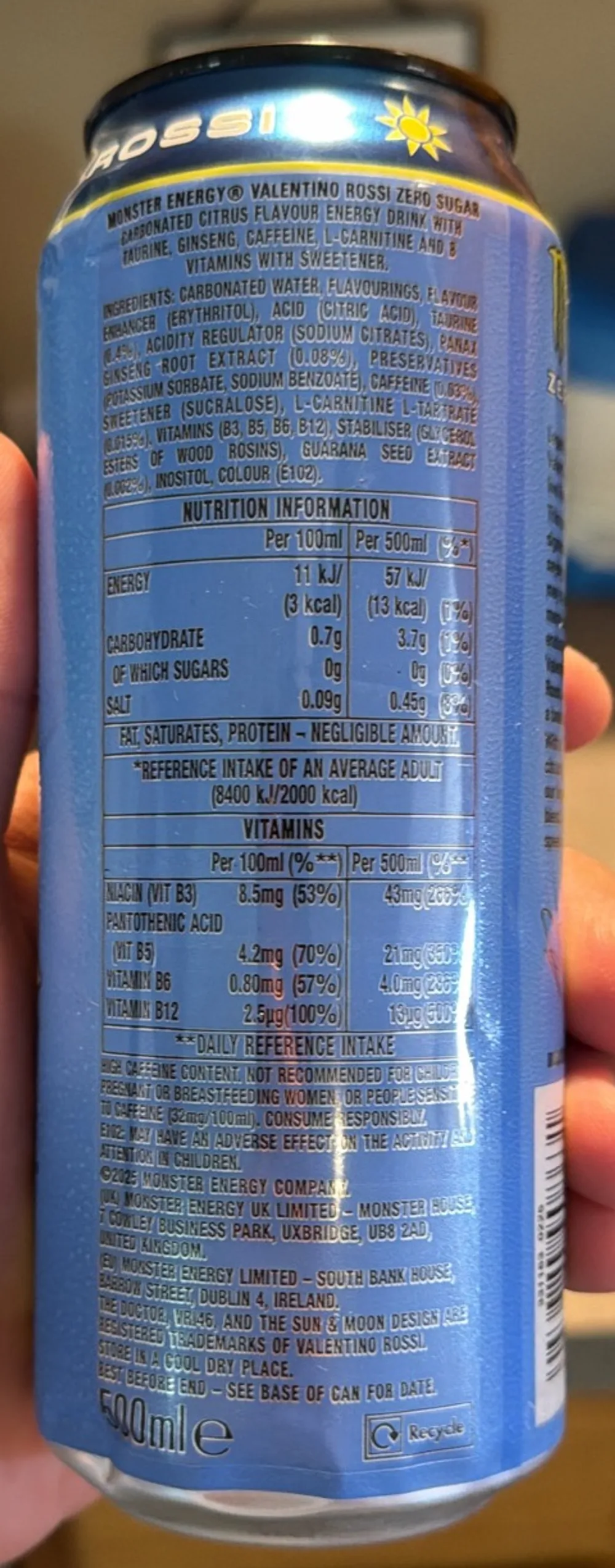 Monster Energy VR46 Zero Sugar ingredients and nutrition information label