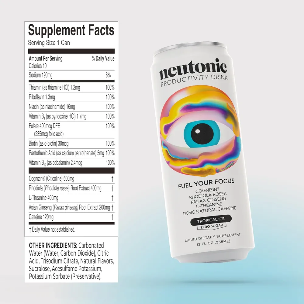 Neutonic Productivity Drink Supplement Facts panel highlighting its B vitamins.