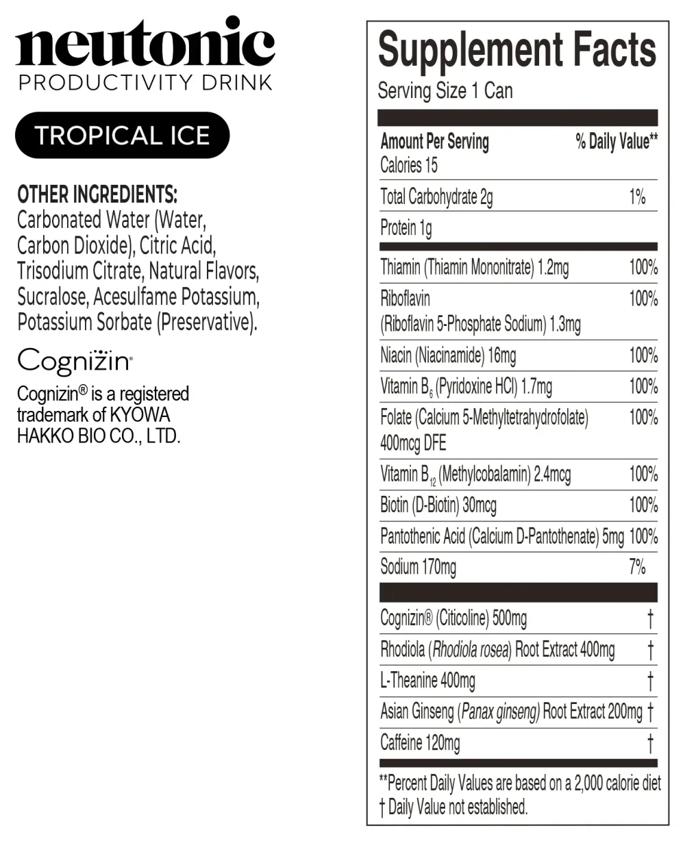 neutonic productivity drink tropical ice label