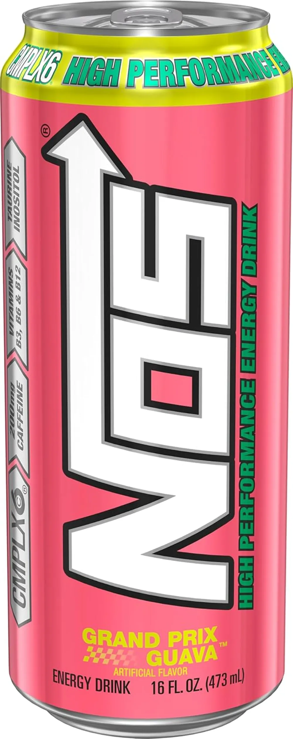 NOS Grand Prix Guava 16 fl oz can with bright pink body and neon yellow accents