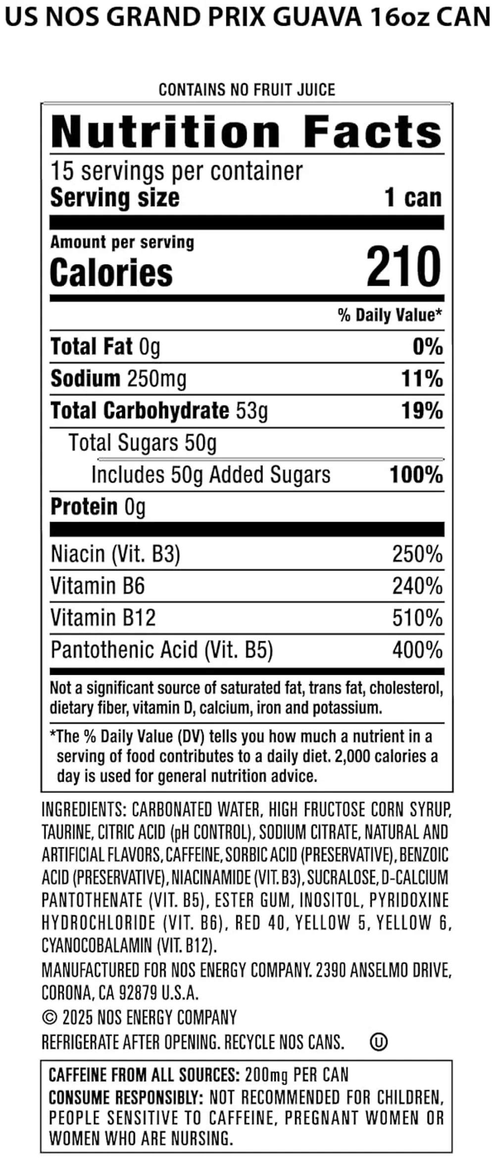 NOS Grand Prix Guava ingredient and nutrition facts panel