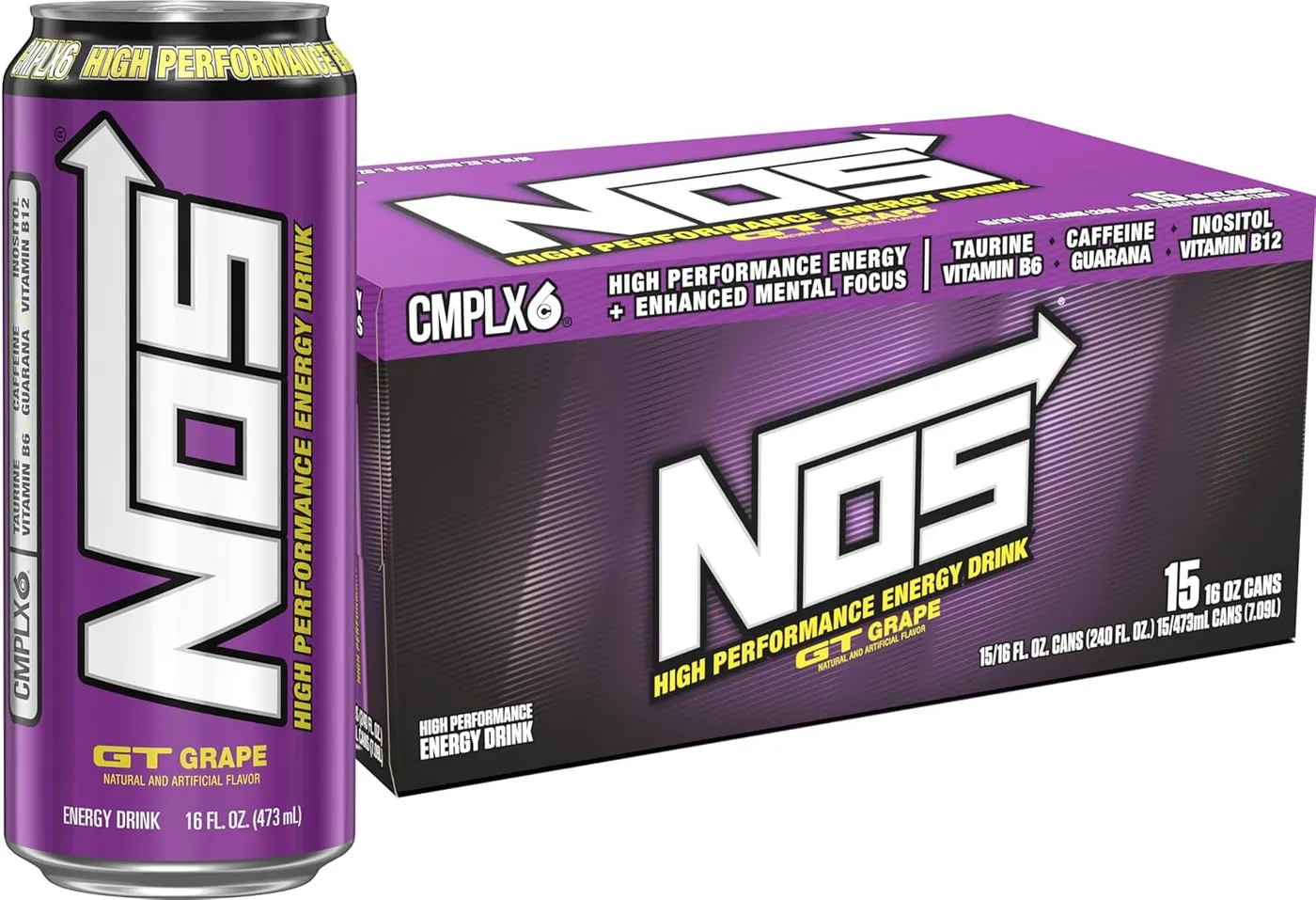 NOS Energy Drink GT Grape can alongside a 15-pack case