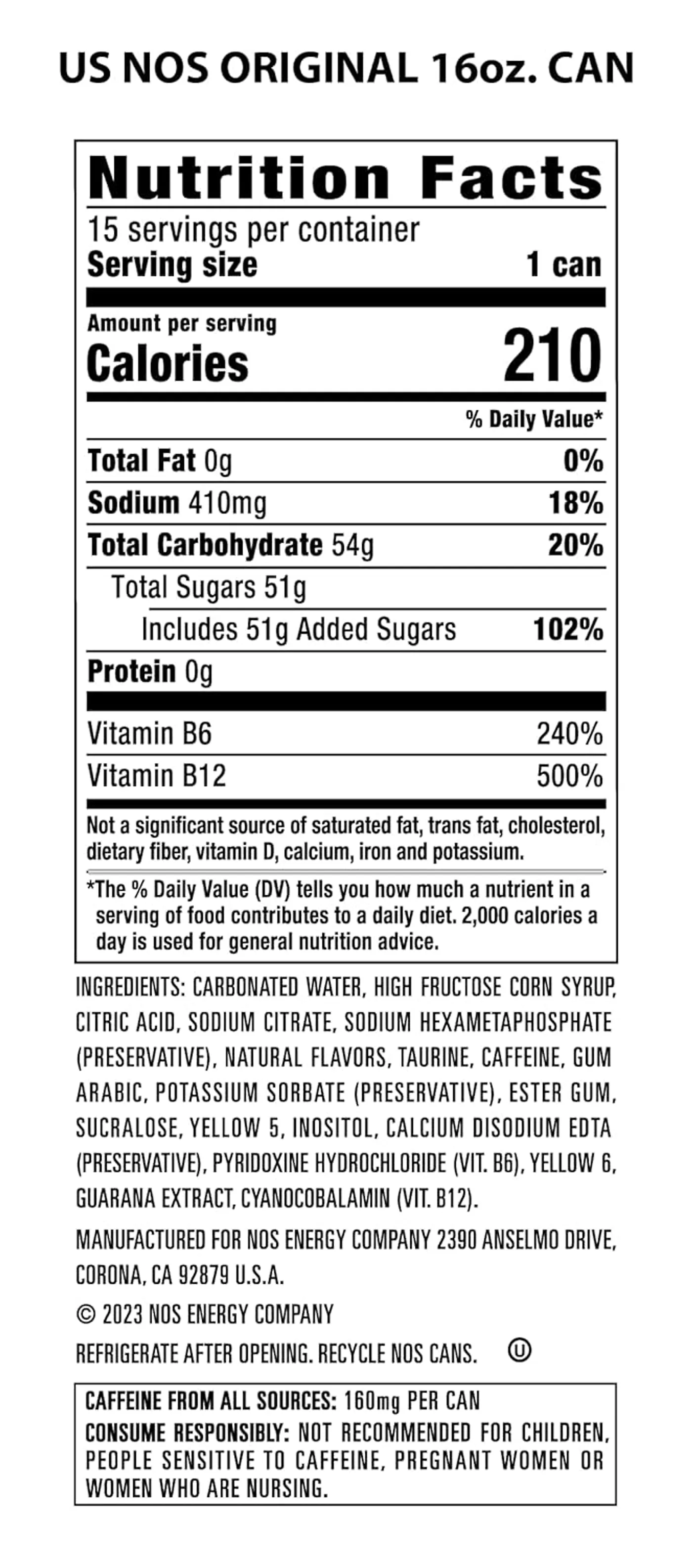 NOS Energy Drink ingredients and nutrition facts panel