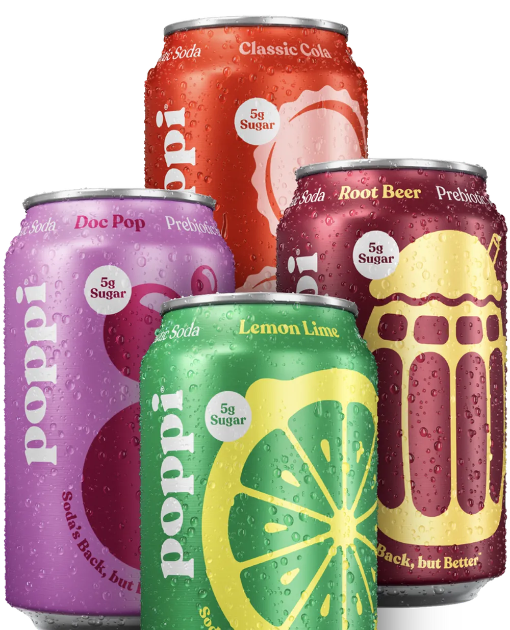 Four Poppi Prebiotic Soda cans are arranged in an overlapping lineup: Classic Cola in red, Doc Pop in purple, Root Beer in dark burgundy, and Lemon Lime in green