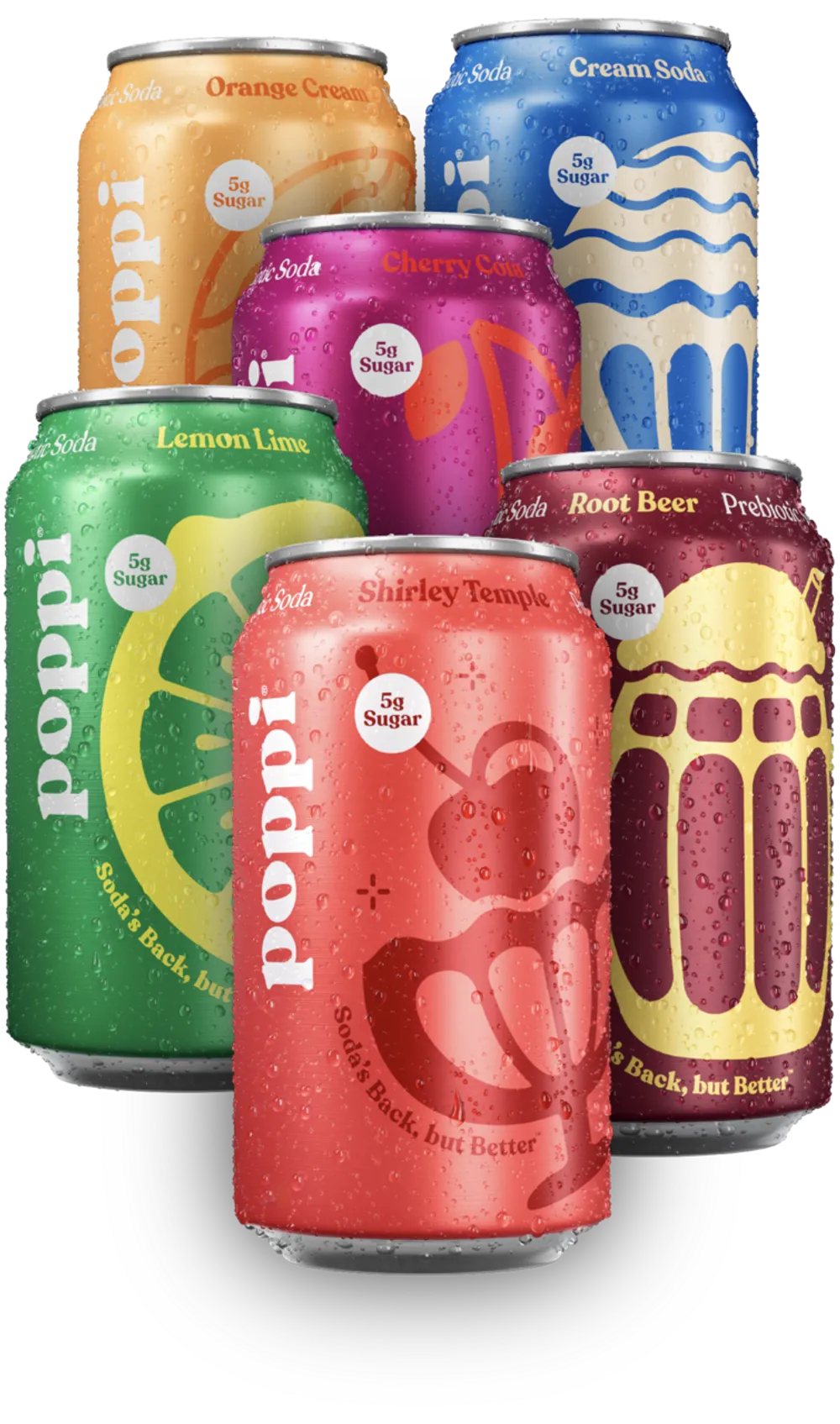 Six Poppi soda cans are arranged in an overlapping lineup, with visible flavors including Orange Cream, Cream Soda, Cherry Cola, Lemon Lime, Shirley Temple, and Root Beer