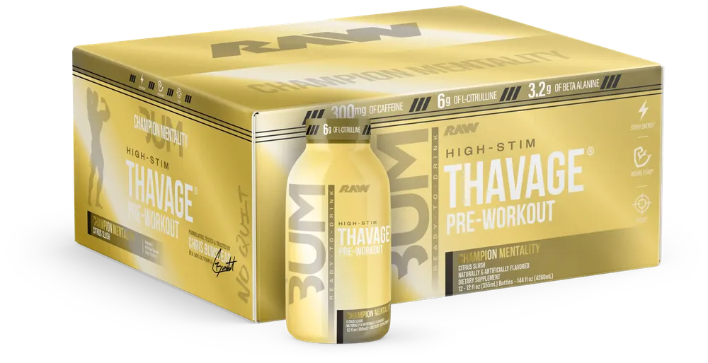 CBUM Thavage Pre-Workout RTD raw nutrition cbum thavage rtd champion mentality box bottle