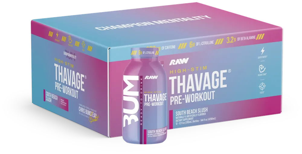 CBUM Thavage Pre-Workout RTD raw nutrition cbum thavage rtd south beach slush box bottle