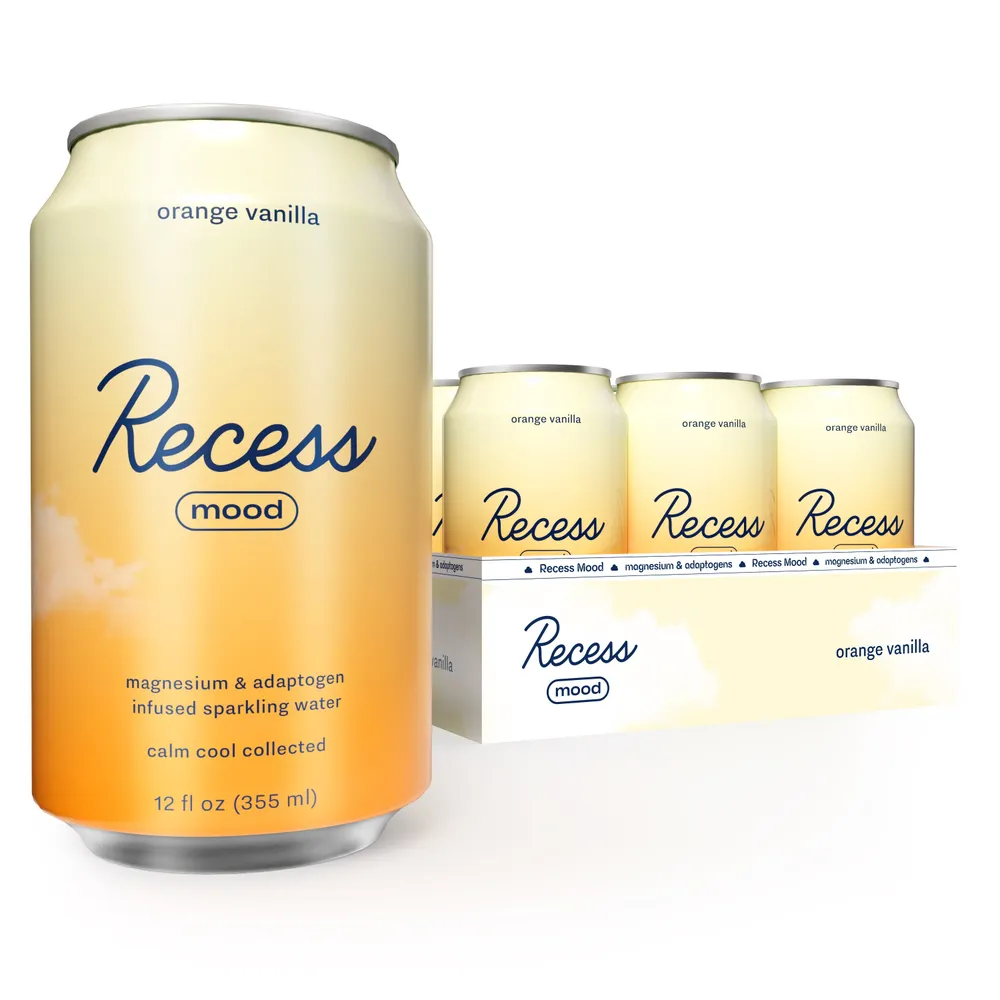 A large pale yellow-to-orange Recess Mood can stands in front of a carton holding several smaller cans against a white background