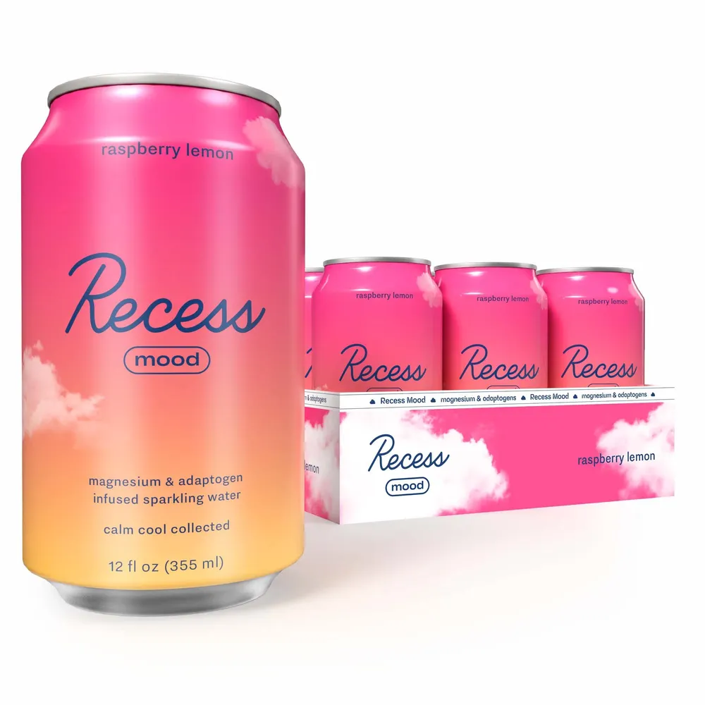 A large pink-to-yellow Recess Mood can stands in front of a box containing several matching cans against a white background