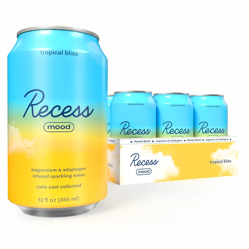 A large turquoise-and-yellow Recess Mood can labeled “tropical bliss” stands in front of a matching multipack box and several smaller cans against a white background