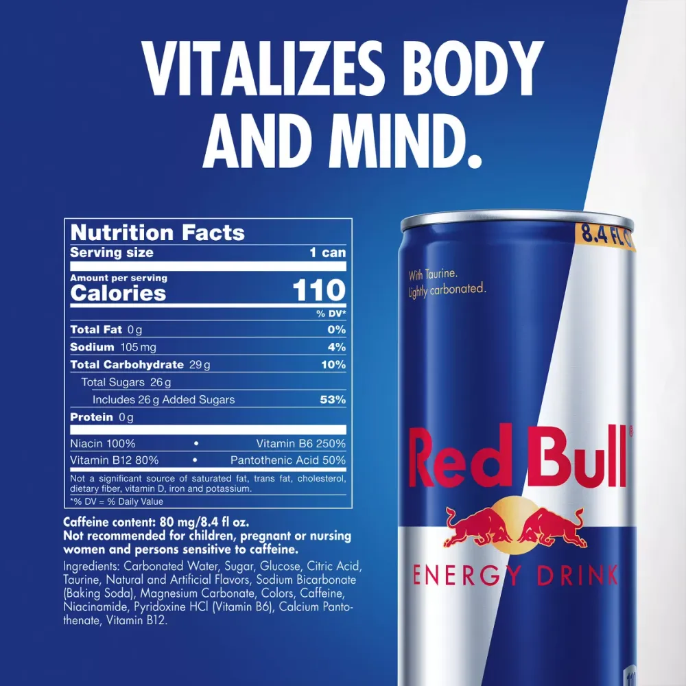 Red Bull Energy Drink 8.4 fl oz can beside its Nutrition Facts panel