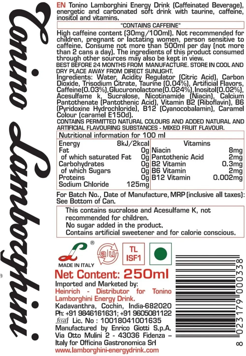 Tonino Lamborghini Energy Drink - Zero Sugar tonino lamborghini energy drink zero sugar label
