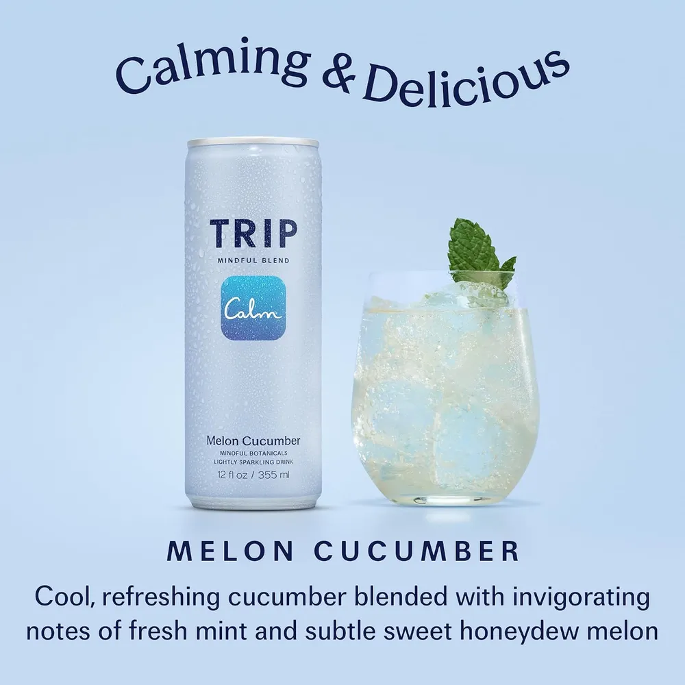 TRIP Mindful Blend Melon Cucumber can with the Calm logo next to a sparkling glass garnished with mint