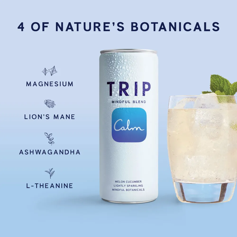 TRIP Mindful Blend Melon Cucumber can beside a sparkling glass, with icons for magnesium, lion's mane, ashwagandha and L-theanine