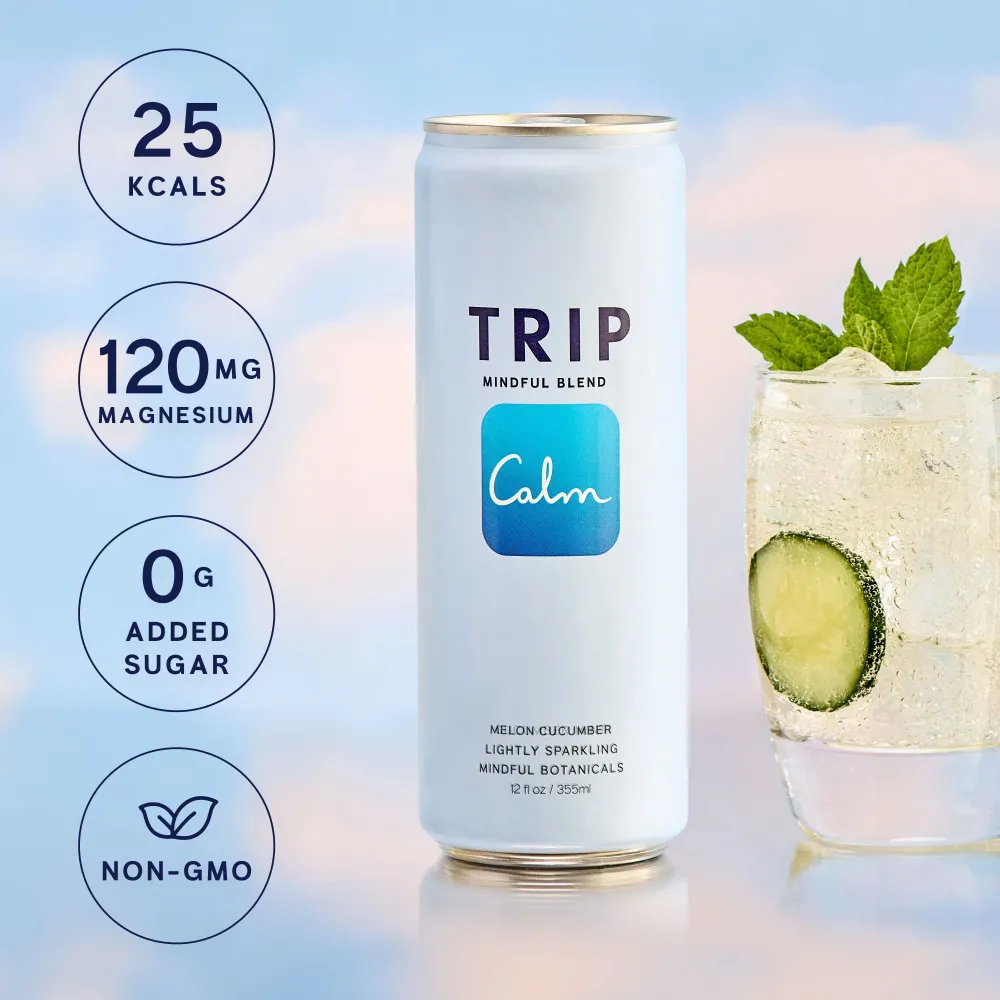 TRIP Mindful Blend Melon Cucumber can with callouts for 25 calories, 120mg magnesium, 0g added sugar and non-GMO