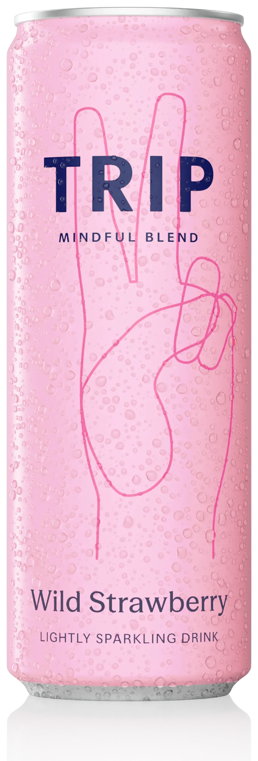 Pink TRIP Mindful Blend Wild Strawberry can with a hand-drawn peace sign