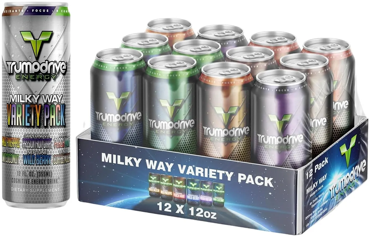 Trumpdrive Energy variety pack showing all six planetary flavors