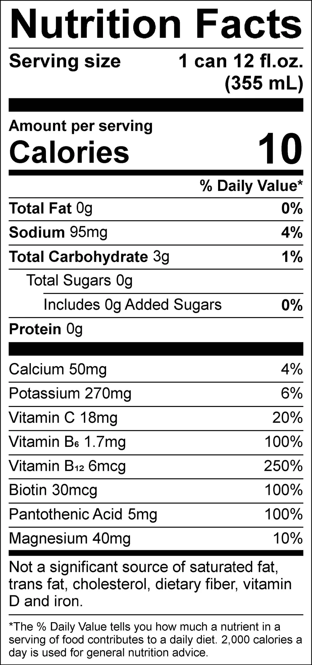 Yesly Energy Green Apple Nutrition Facts panel for a 12 fl oz (355 mL) can, showing 10 calories plus the electrolytes and B vitamins