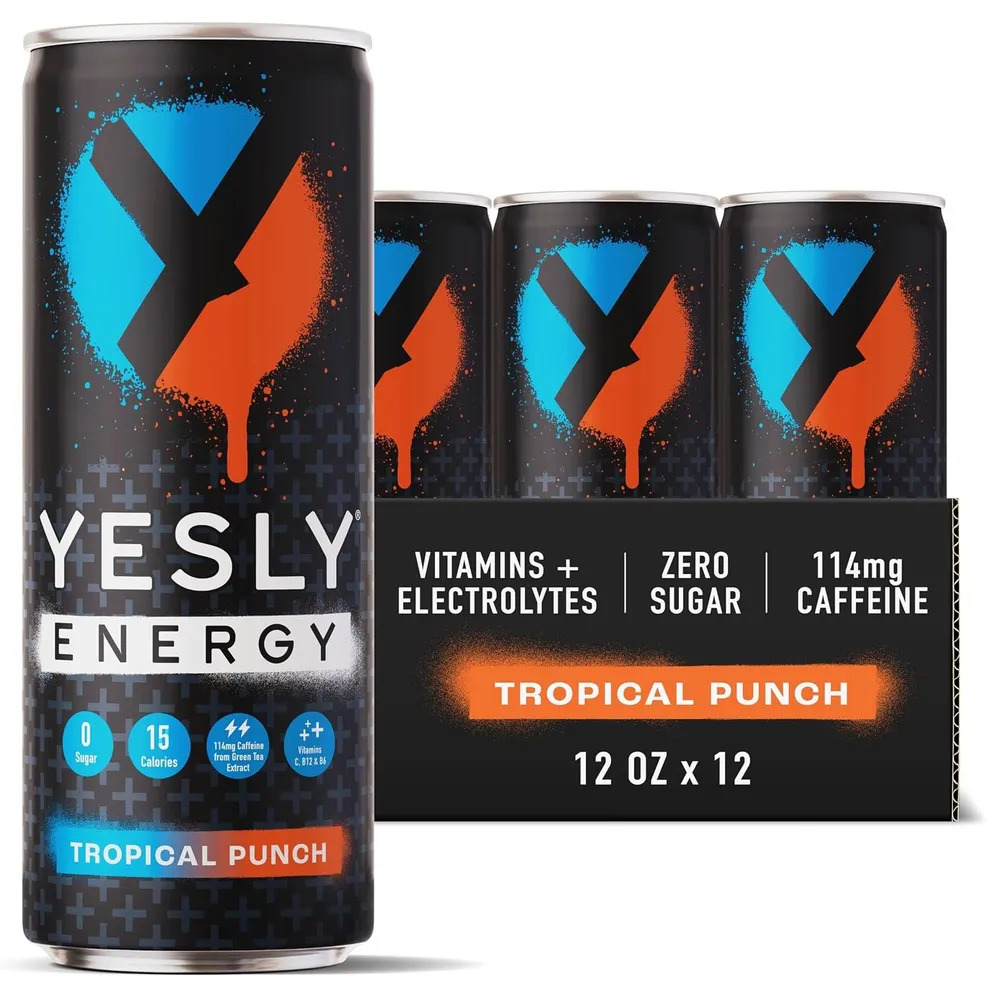 A Yesly Energy Tropical Punch can with its blue-and-orange graphic in front of its 12-can case