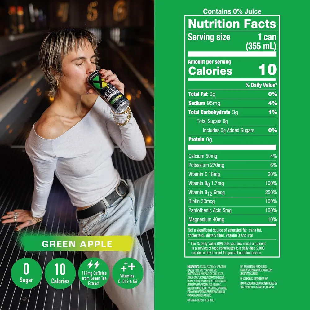 A person drinking a Yesly Energy Green Apple can beside the Green Apple can artwork and its nutrition callouts